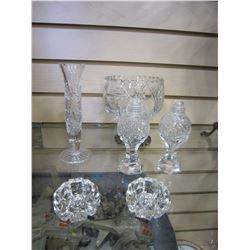CRYSTAL BOWL ON STAND, SALT AND PEPPER, AND VASE
