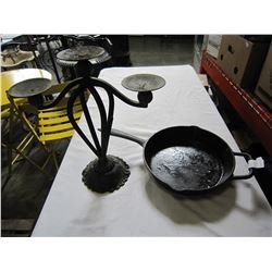 LOT OF 3 CAST IRON POT FRYING PAN W/ CAST CANDLE STAND