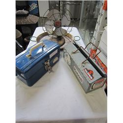 VINTAGE LOT OF FAN, TRAY, BLUE TACKLE BOX, AND SILVER TOOL BOX