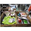 Image 1 : 2 BOXES OF CLOCKS, KITCHEN ITEMS, AND DOG BED