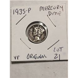 1935 P ORIGINAL Silver Mercury Dime Very Fine Grade