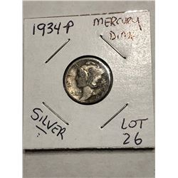 1934 P Silver Mercury Dime