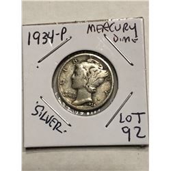 1934 P Silver Mercury Dime