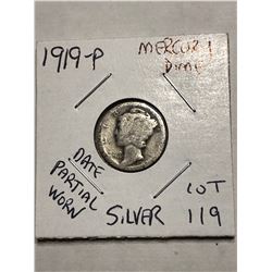 1919 P Silver Mercury Dime Date Partial Worn