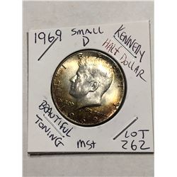 1969 Small D Silver Kennedy Half Dollar Beautiful Toning MS Plus High Grade