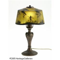 AN AMERICAN TABLE LAMP WITH REVERSE-PAINTED GLASS