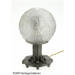 A METAL AND GLASS GLOBE LAMP RMuller Frere Lunevi