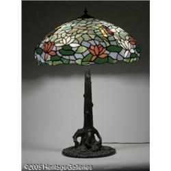 AN AMERICAN LEADED GLASS AND BRONZE LAMP RDuffner