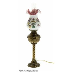 AN AMERICAN BRASS OIL LAMP AND GLASS SHADE RBridg