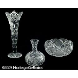 AN AMERICAN CUT GLASS VASE, CARAFE AND BOWL RVari