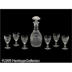 AN AMERICAN PRESSED GLASS DECANTER AND SIX CORDIA