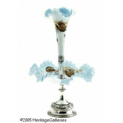 A SATIN GLASS EPERGNE WITH SILVERPLATED MOUNTS RM
