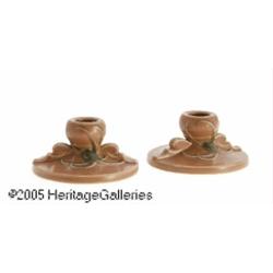 A PAIR OF AMERICAN 'TEASEL' POTTERY CANDLESTICKS 