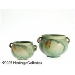 TWO AMERICAN GREEN 'PINE CONE' POTTERY BOWLS RRos