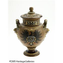 A GERMAN PORCELAIN LIDDED URN RMettlach, c.1880 R
