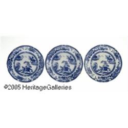 THREE ORIENTAL FLOW BLUE PLATES RMaker unknown, c