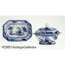 AN ENGLISH FLOW BLUE COVERED SAUCE TUREEN RH. Cha