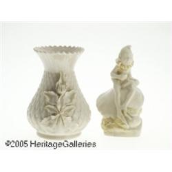 AN IRISH PORCELAIN VASE AND FIGURINE RBelleek, Tw