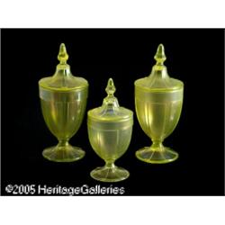 THREE AMERICAN LIDDED VASELINE GLASS JARS RMakers