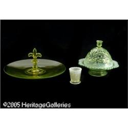 TWO OPALESCENT ITEMS AND VASELINE GLASS CAKE PLAT