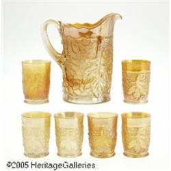 AN AMERICAN 'MAPLE LEAF' CARNIVAL GLASS WATER SET