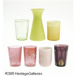 SIX COLORED GLASS TUMBLERS AND A BULB VASE RMaker