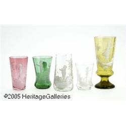 FIVE ENAMEL DECORATED GLASS DRINKING VESSELS RMak