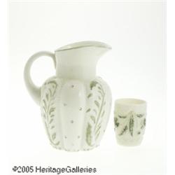 A CUSTARD GLASS PITCHER AND CUP RMakers unknown, 