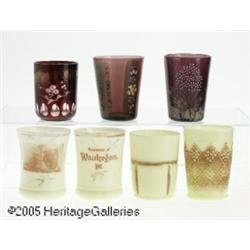 FOUR AMERICAN CUSTARD GLASS TUMBLERS AND THREE AM