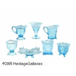 SEVEN BLUE OPALESCENT GLASS SERVING PIECES RNorth