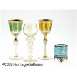 THREE GLASS GOBLETS AND A GLASS MATCH HOLDER RMak