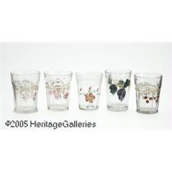 A GROUP OF ENAMELED PRESSED GLASS TUMBLERS RMaker