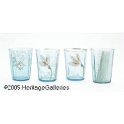 FOUR AMERICAN ENAMELED BLUE GLASS TUMBLERS RMaker