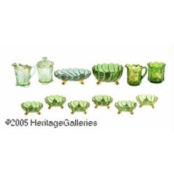 A GROUP OF GREEN PRESSED GLASS SERVING PIECES RVa
