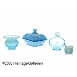 FIVE BLUE OPALESCENT AND PRESSED GLASS ITEMS RMak