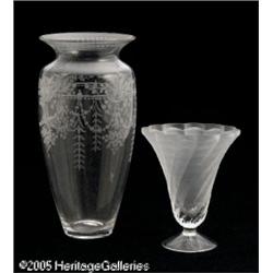 TWO ETCHED GLASS VASES RHawkes; Sabino, both c.19