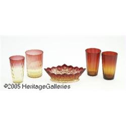 FOUR AMERICAN AMBERINA GLASS TUMBLERS AND A DISH 