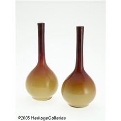 A PAIR OF AMERICAN WHEELING 'PEACH BLOW' GLASS VA