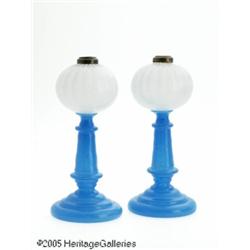 A PAIR OF GLASS OIL LAMPS RSandwich Glass Co., c.