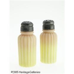 TWO AMERICAN ACID FINISH BURMESE GLASS SHAKERS RM