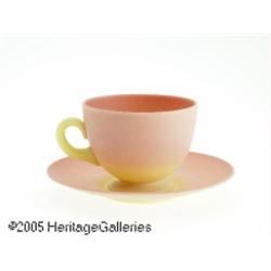 AN AMERICAN ACID FINISH BURMESE GLASS CUP AND SAU