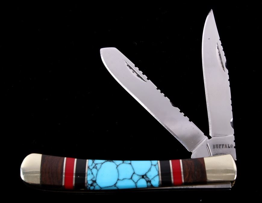 Navajo Turquoise & Coral Inlaid Buffalo Knife