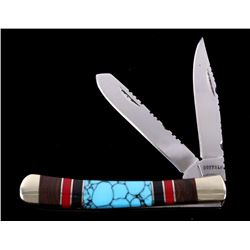 Navajo Turquoise & Coral Inlaid Buffalo Knife