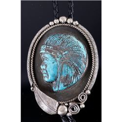 Navajo Chief's Bust Carved Turquoise Bolo Tie