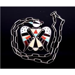 Zuni Mosaic Inlay Thunderbird Silver Necklace