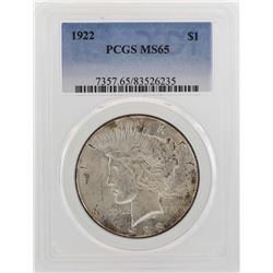 1922 $1 Peace Silver Dollar Coin PCGS MS65