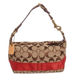 Coach Brown Monogram Canvas Leather Trim Mini Baguette Handbag