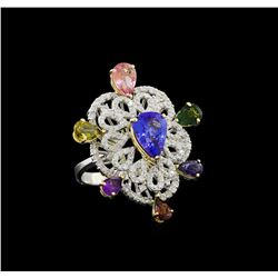 6.40 ctw Multi Gemstone and Diamond Ring - 14KT White And Yellow Gold