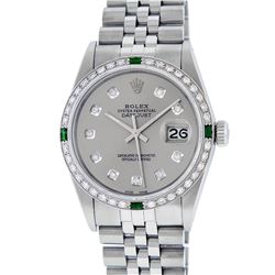 Rolex Mens Stainless Steel Slate Grey Diamond & Emerald Datejust Wristwatch