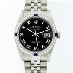 Rolex Mens Stainless Steel Black Roman Diamond & Sapphire Datejust Wristwatch